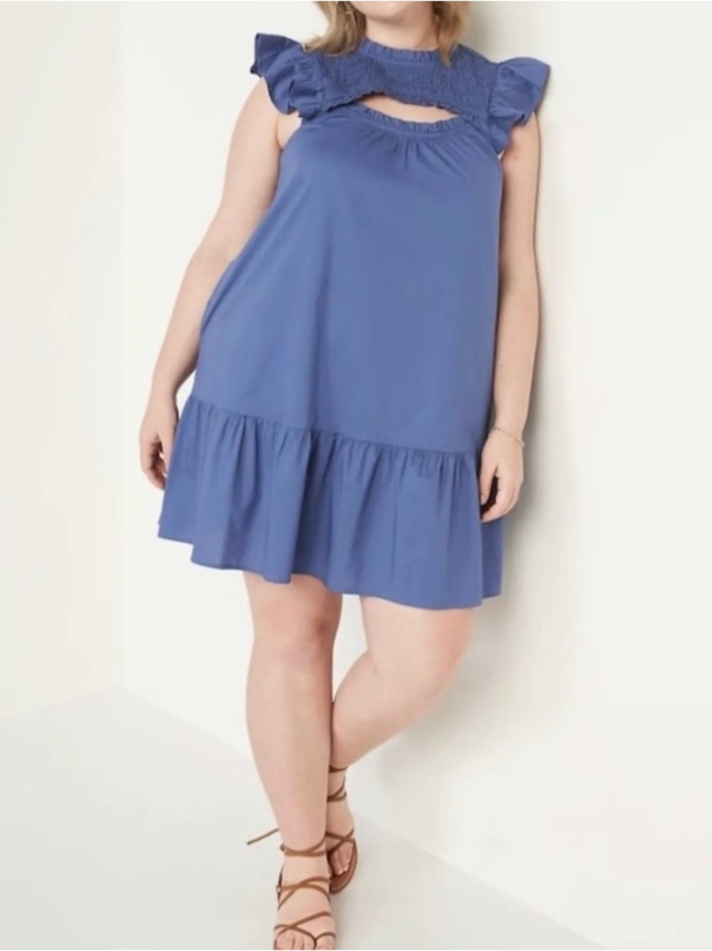 Flutter Sleeve Cotton Poplin Smocked Cut Out Mini Swing Dress Size 4X